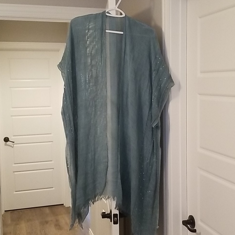 Knit Duster with Fringe Hem and Sequin Accents